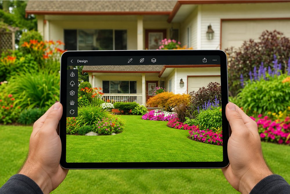 Landscape design plan shown on a tablet in front of a home